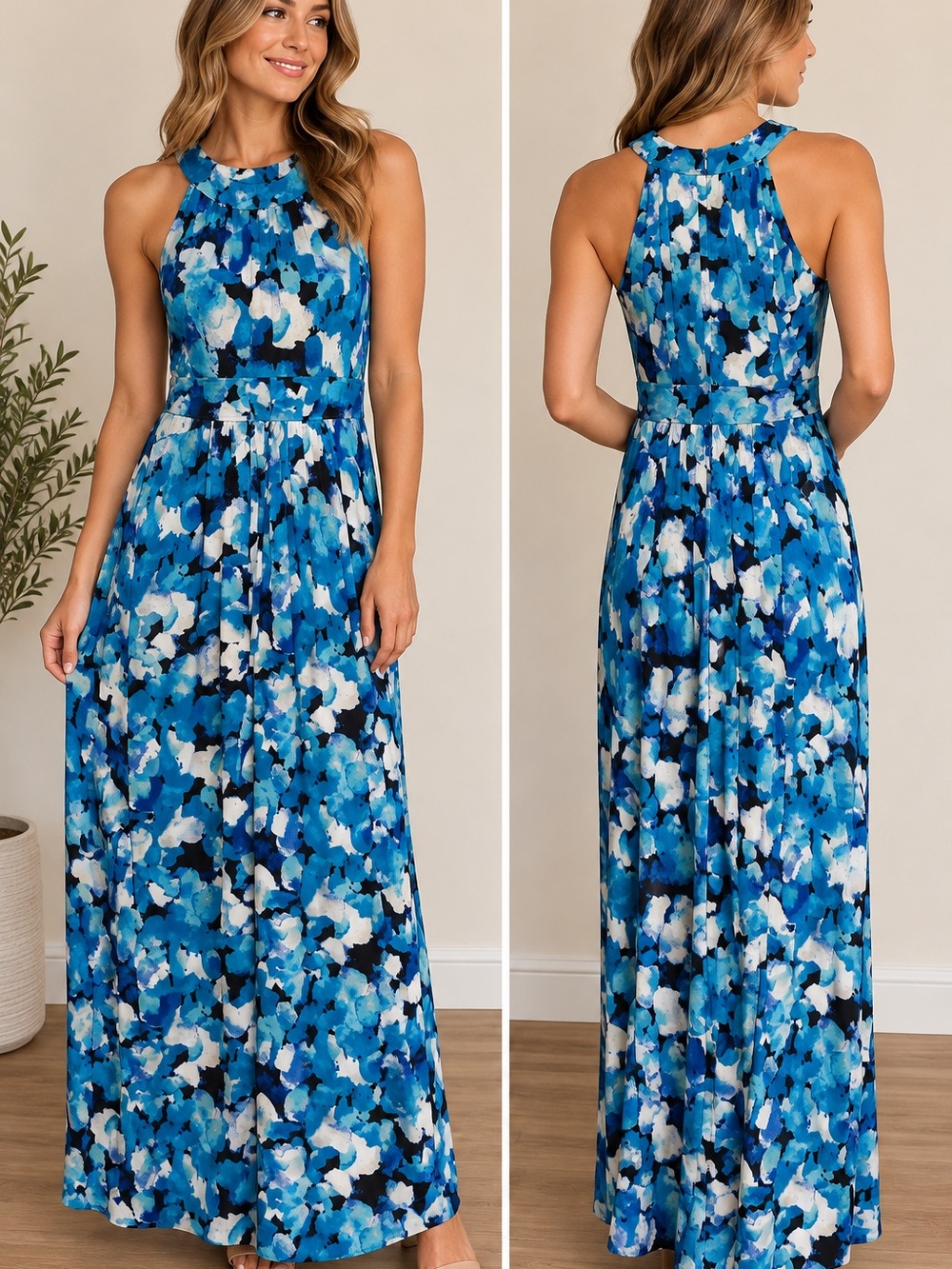 Calvin Klein Blue Floral Pleated Maxi Dress Size 4 Sleeveless Elegant Occasion